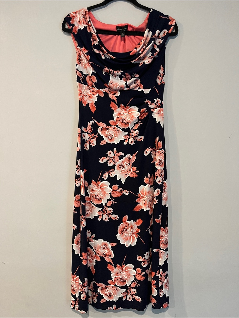 Connected Apparel Navy Maxi Dress with Coral Floral Print